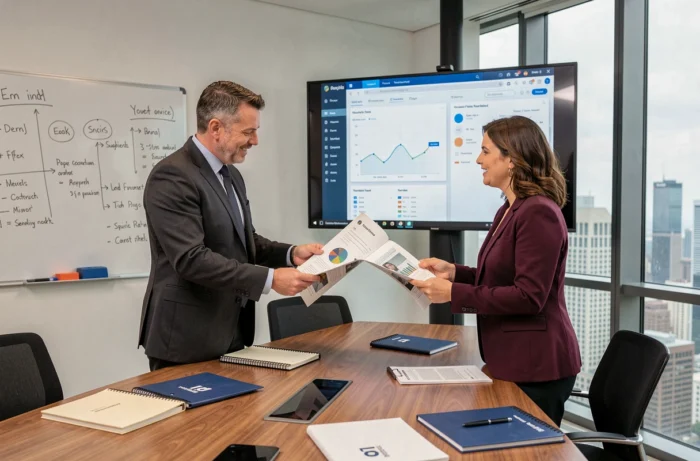 Deux professionnels discutant de stratégies d'achats en entreprise avec un catalogue fournisseur et un tableau de bord numérique en salle de réunion