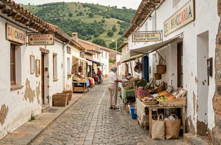 Rue commerçante authentique du village frontalier de Dancharia en Navarre avec ses boutiques traditionnelles espagnoles