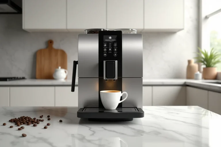 Machine à café Saeco Picobaristo Deluxe posée sur un comptoir de cuisine moderne avec une tasse d'espresso