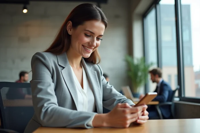 Salariée utilisant l'application mobile Al'in sur smartphone pour rechercher un logement depuis son bureau en entreprise
