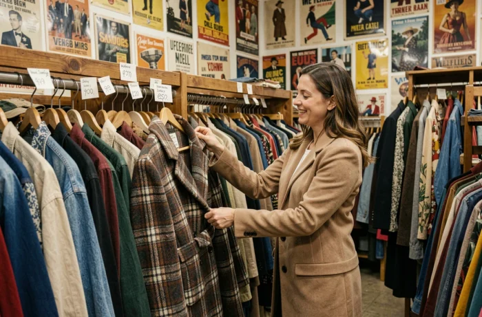 Femme découvrant une pièce forte et unique dans un magasin de vêtements de seconde main
