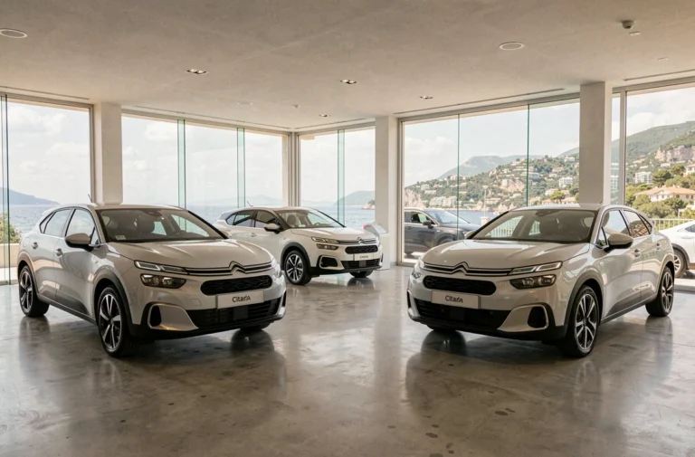 Showroom Citroën moderne en Côte d'Azur avec nouveaux modèles exposés et vue sur la Méditerranée