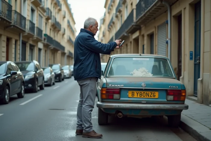 Homme signalant un véhicule ventouse sur une rue parisienne en photographiant la plaque d'immatriculation avec son smartphone