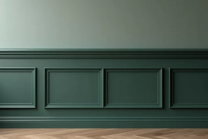 Soubassement en lattes de bois horizontales et moulures décoratives peint en vert forêt dans un couloir ou salle à manger