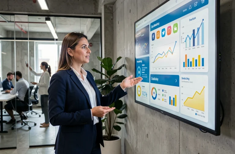 Professionnelle en marketing digital présentant des tableaux de bord d'analyse SEO et de visibilité en ligne dans un bureau moderne