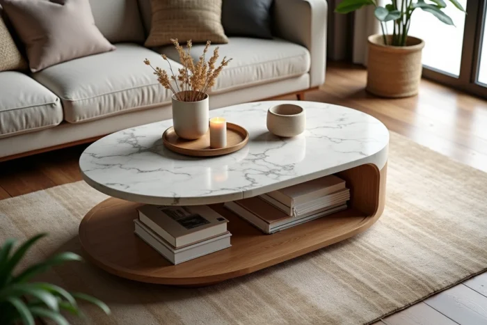 Table basse multifonction en travertin ou chêne massif comme point focal d'un salon décoré avec livres et céramiques