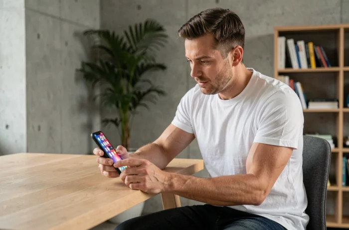 Homme utilisant un smartphone pliable dernière génération dans un bureau moderne minimaliste