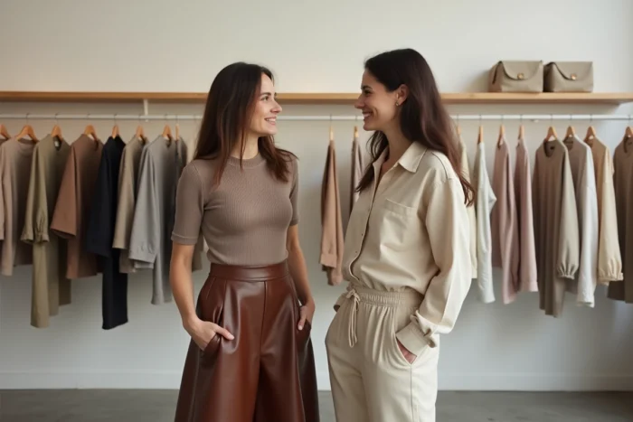 Deux femmes tendance dans une boutique scandinave minimaliste, portant jupe en cuir marron et pantalon lin, mode chic et moderne