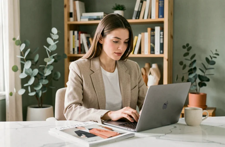 Jeune femme en blazer beige consultant les dernières tendances mode sur un ordinateur portable dans un bureau minimaliste