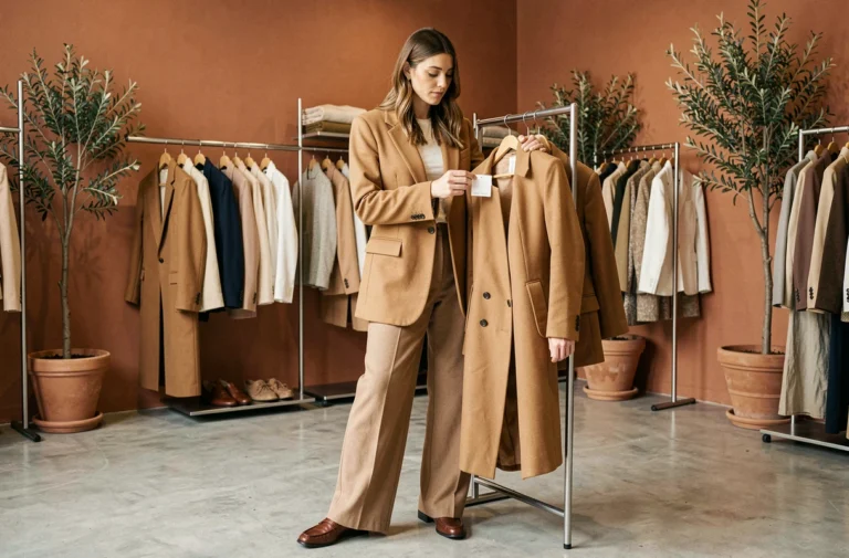 Femme élégante en blazer camel oversize découvrant les nouvelles tendances mode dans une boutique parisienne minimaliste