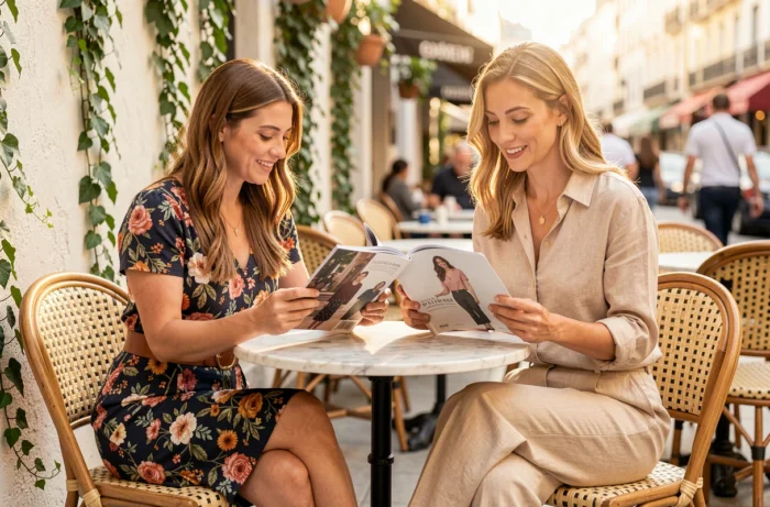Deux femmes élégantes discutant des dernières tendances mode autour d'un magazine sur une terrasse de café ensoleillée