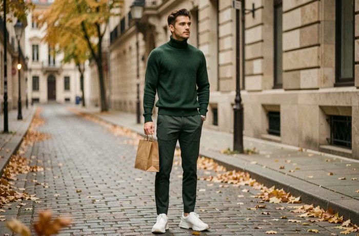 Homme tendance en pull col roulé vert et sneakers blanches dans une rue pavée européenne en automne
