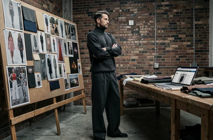 Homme élégant en col roulé gris devant un moodboard de tendances mode dans un atelier créatif