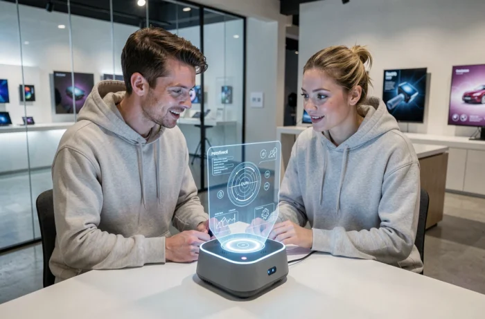 Deux personnes découvrant une interface holographique en réalité augmentée dans un showroom technologique moderne