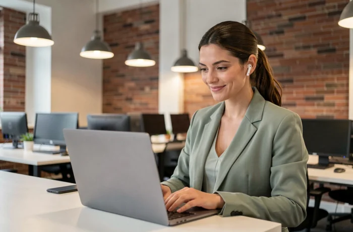 Femme professionnelle découvrant les dernières innovations technologiques sur un ordinateur portable IA dans un espace de coworking