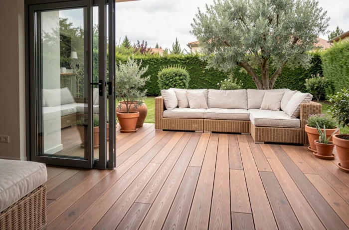 Terrasse en bois composite prolongeant le salon vers l'extérieur avec baie vitrée coulissante et mobilier de jardin en rotin
