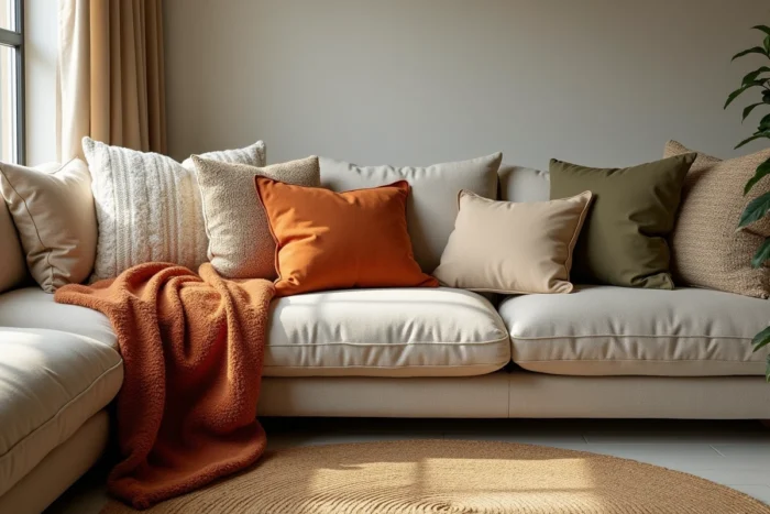 Textiles superposés sur canapé avec coussins en bouclé, velours et lin et plaid tissé dans un salon cosy aux tons naturels