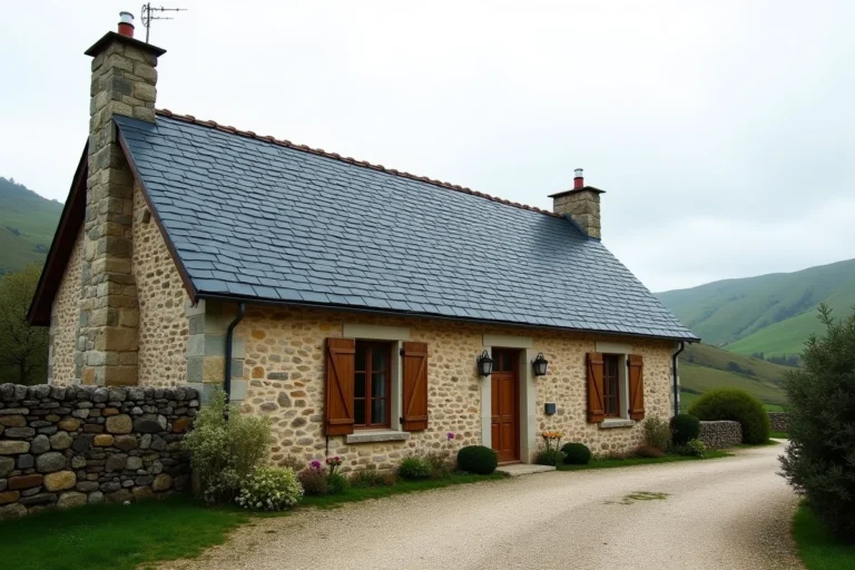 Maison de campagne française avec toiture en ardoise à forte pente, tuiles grises naturelles bien alignées sur fond de collines verdoyantes
