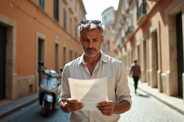 Touriste masculin confus examinant un faux PV dans une rue pavée de Rome en Italie
