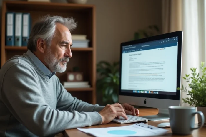 Homme à domicile joignant des fichiers importants à un email sur un ordinateur de bureau pour Agirc-Arrco