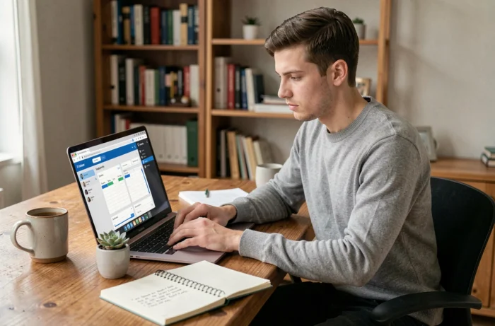 Jeune professionnel travaillant sur des outils de gestion des réseaux sociaux et de référencement SEO depuis un bureau à domicile