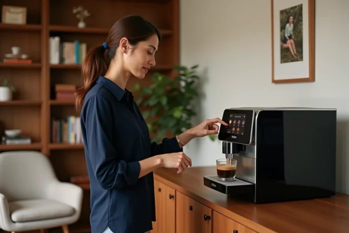Femme configurant une recette de café personnalisée sur l'écran tactile de sa Saeco Picobaristo Deluxe dans un salon