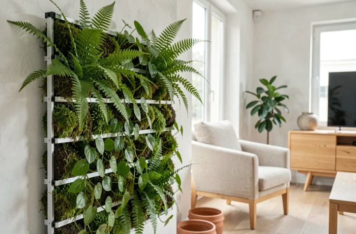 Mur végétal vertical avec fougères, pothos et mousse dans un salon moderne avec mobilier en bois clair