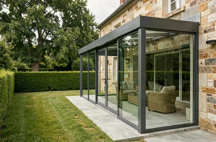 Véranda sur mesure en aluminium et verre accolée à une maison en pierre dans les Yvelines avec jardin paysagé