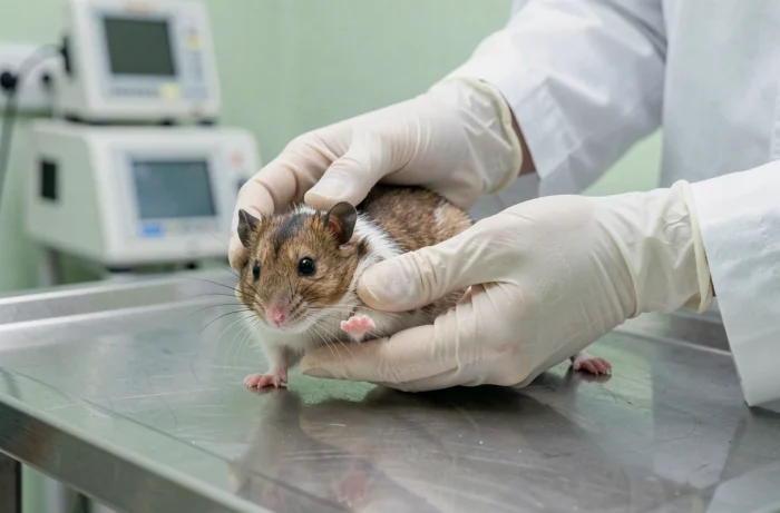 Vétérinaire examinant un hamster sur une table d'examen pour déterminer son sexe dans un contexte clinique professionnel