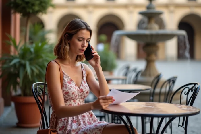 Voyageuse inquiète au téléphone examinant un document suspect dans un café de Florence