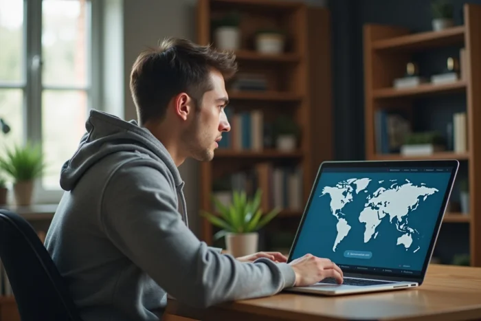 Jeune homme utilisant un VPN sur son ordinateur portable pour contourner les restrictions géographiques en France