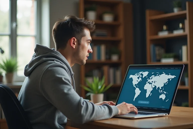 Jeune homme utilisant un VPN sur son ordinateur portable pour contourner les restrictions géographiques en France