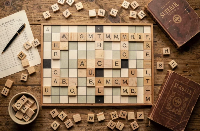 Vue aérienne d'un plateau de Scrabble avec le mot ACE formé sur une case bonus, entouré d'accessoires de jeu